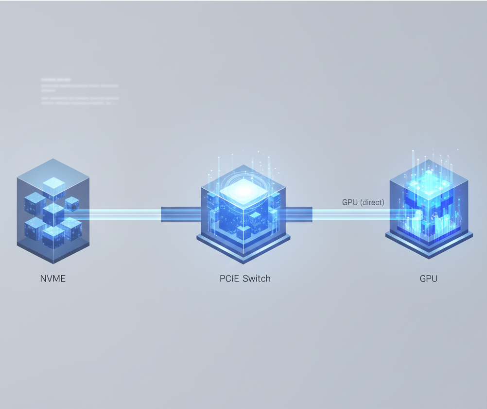 In contrast, AI systems increasingly adopt GPU-centric, direct data paths: NVMe → PCIe Switch → GPU (direct)