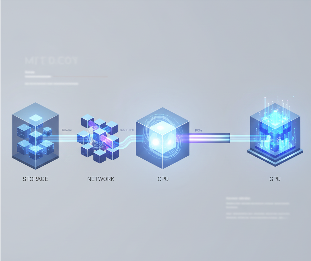 Legacy storage follows a CPU-centric data path: Storage → Network → CPU → PCIe → GPU